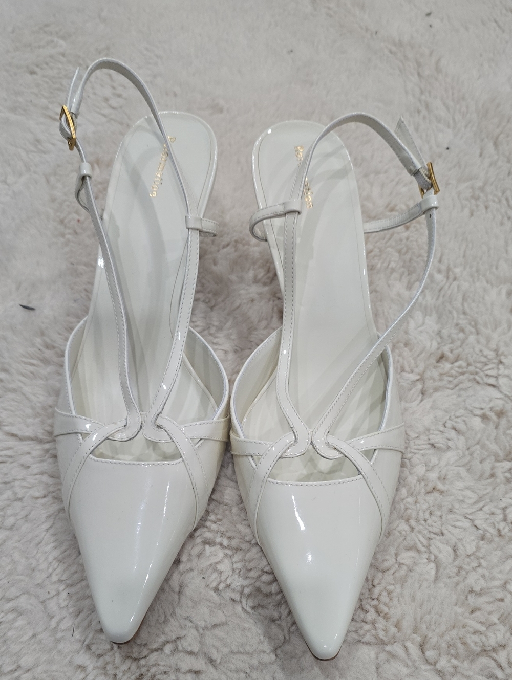 Reformation  Patty White Patent Pointed Slingback Heels